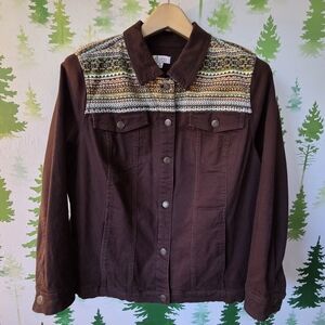 Denim&Co Brown Jean Jacket with Patterned Yoke